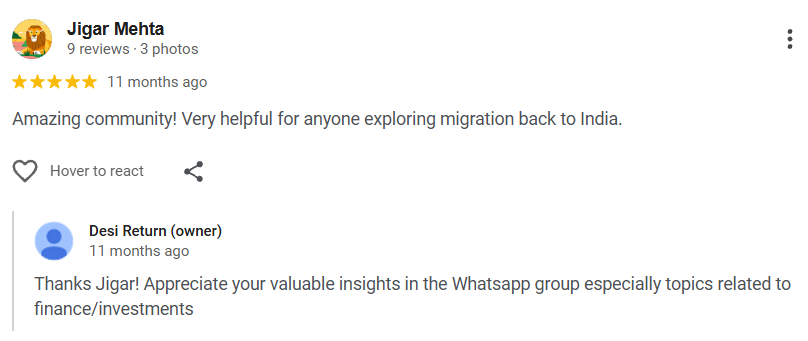 Google review screenshot — Jigar Mehta rates Desi Return 5 stars, calling it helpful for anyone exploring migration back to India