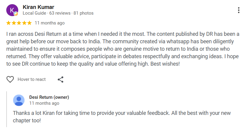 Google review screenshot — Kiran Kumar rates Desi Return 5 stars for its content and its moderated WhatsApp community for people moving back to India