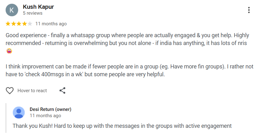 Google review screenshot — Kush Kapur rates Desi Return 4 stars for an engaged WhatsApp group, with a suggestion for smaller topic-specific groups