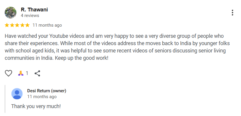 Google review screenshot — R. Thawani rates Desi Return 5 stars for its diverse return stories, including seniors discussing senior living communities in India