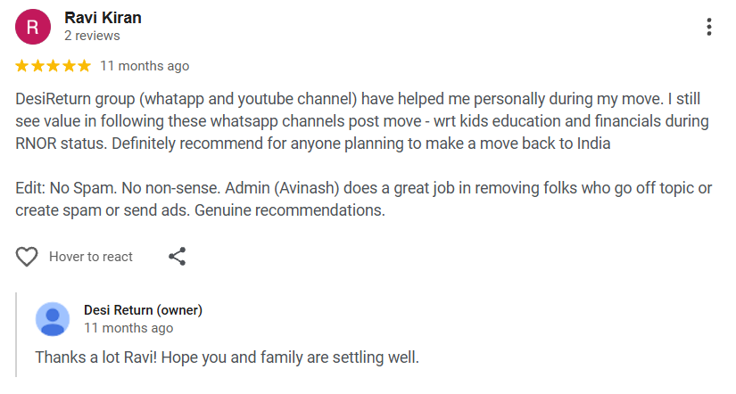 Google review screenshot — Ravi Kiran rates Desi Return 5 stars, noting help with his move, kids' education and finances during RNOR status