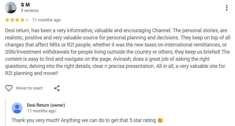 Google review screenshot — S M rates Desi Return 4 stars, praising its coverage of NRI tax changes, remittance rules and R2I planning