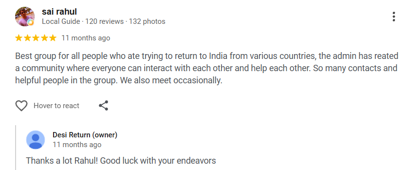 Google review screenshot — sai rahul rates Desi Return 5 stars, describing a helpful community of people returning to India from various countries