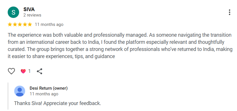 Google review screenshot — SIVA rates Desi Return 5 stars, calling the platform professionally managed and relevant for an international career move back to India