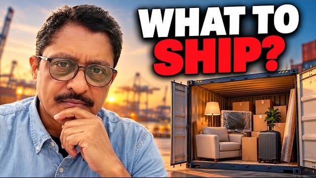 YouTube thumbnail for the Desi Return conversation on shipping household goods back to India