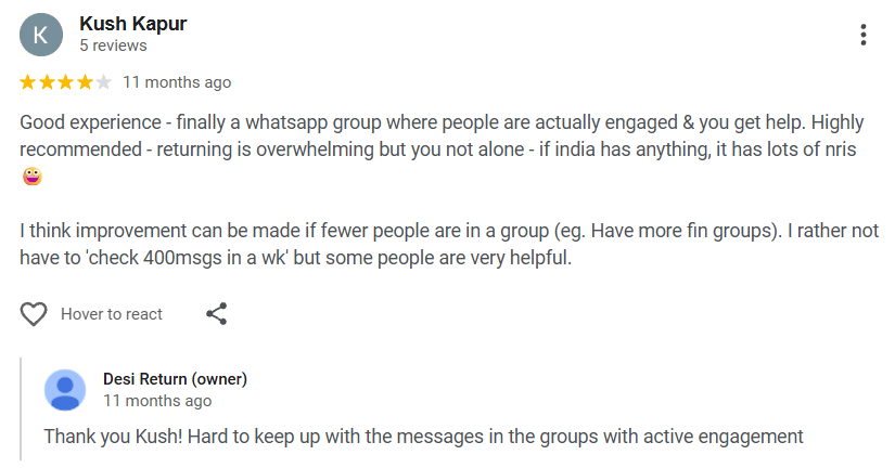 Google review screenshot — Kush Kapur rates Desi Return 4 stars for an engaged WhatsApp group, with a suggestion for smaller topic-specific groups