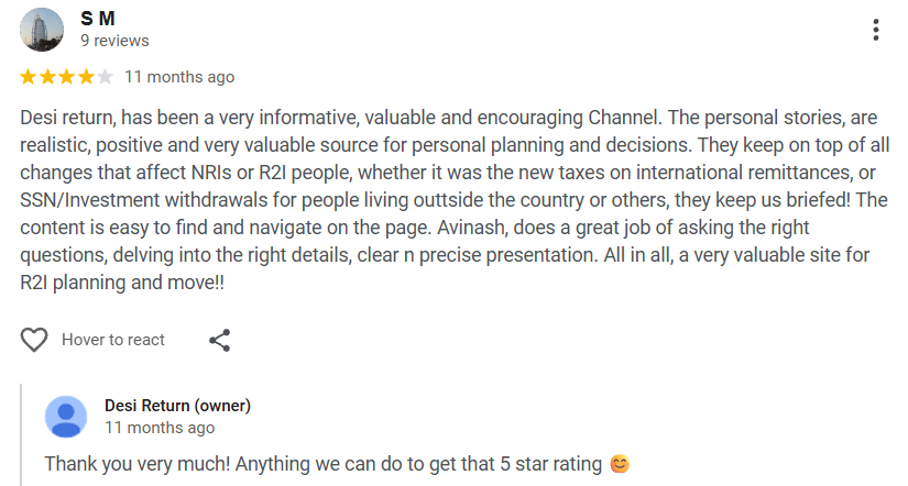Google review screenshot — S M rates Desi Return 4 stars, praising its coverage of NRI tax changes, remittance rules and R2I planning